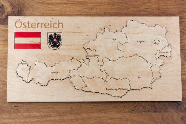 Drewniana Mapa Austrii Puzzle drewniana dekoracja polski producent drewnianych map puzzle i map edukacyjnych mapa Austrii